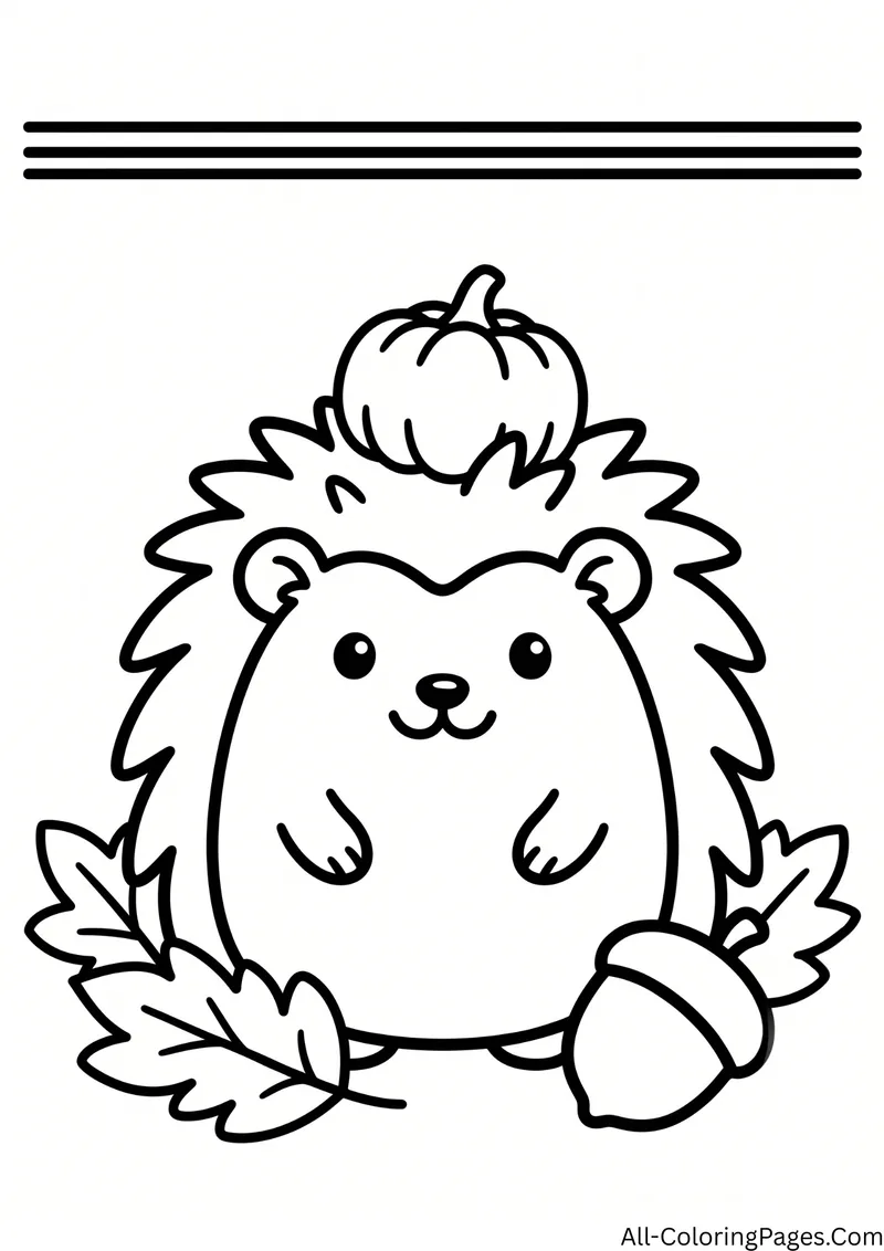 Hedgehog with a small pumpkin on its head, surrounded by autumn leaves and an acorn