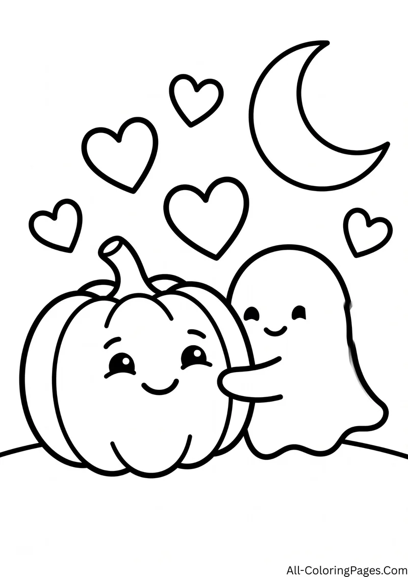 Friendly ghost hugging a smiling pumpkin with hearts and a crescent moon above