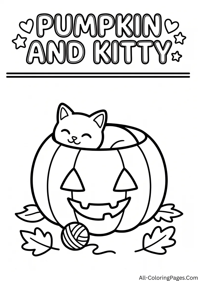 Kitten curled up inside a carved jack o lantern with a ball of yarn and autumn leaves