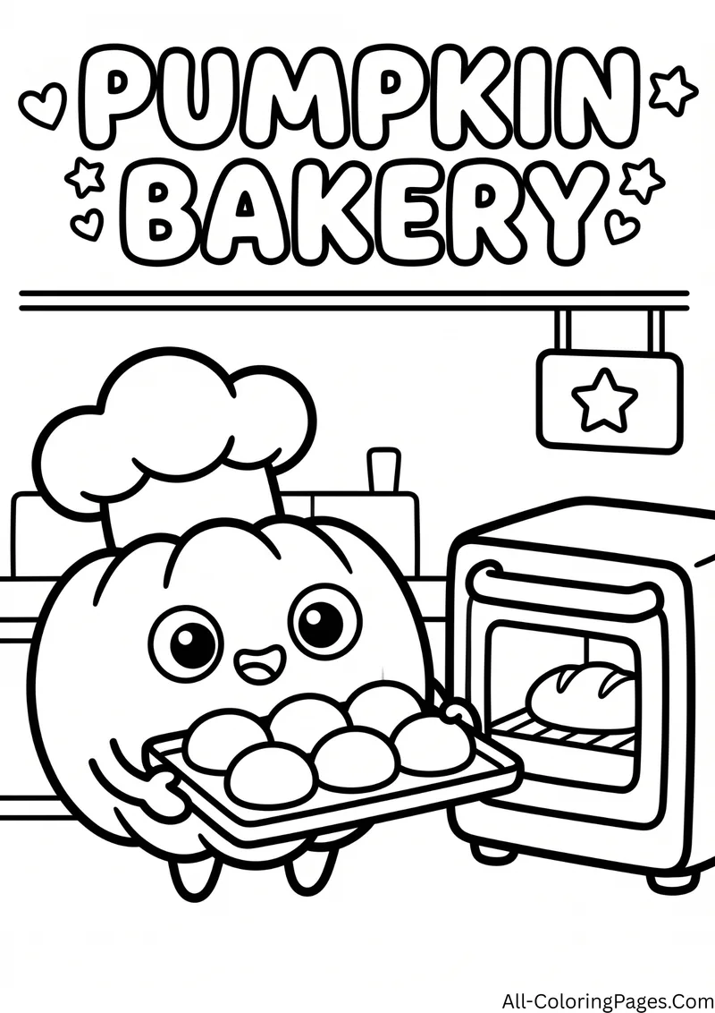 Pumpkin wearing a chef hat holding a tray of rolls beside an oven, with a bakery sign above