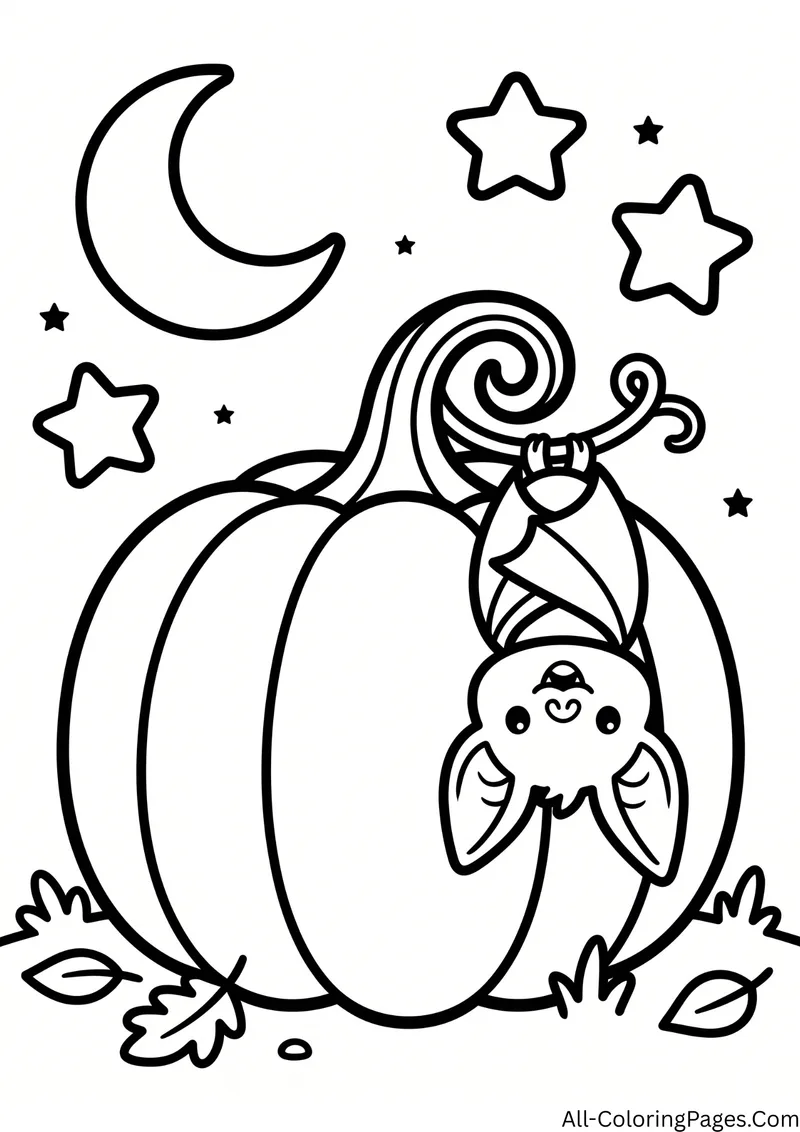 Small bat hanging upside down from a pumpkin stem, with a crescent moon and stars