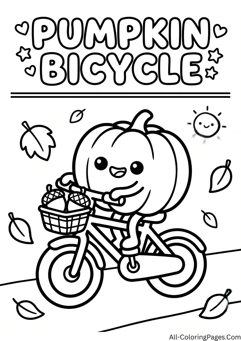 Pumpkin riding a bicycle with a basket of acorns, with falling leaves and a sun