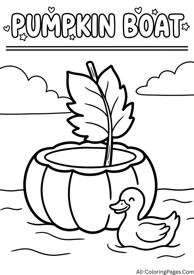 Hollow pumpkin boat with a leaf sail floating on water, with a duck and clouds