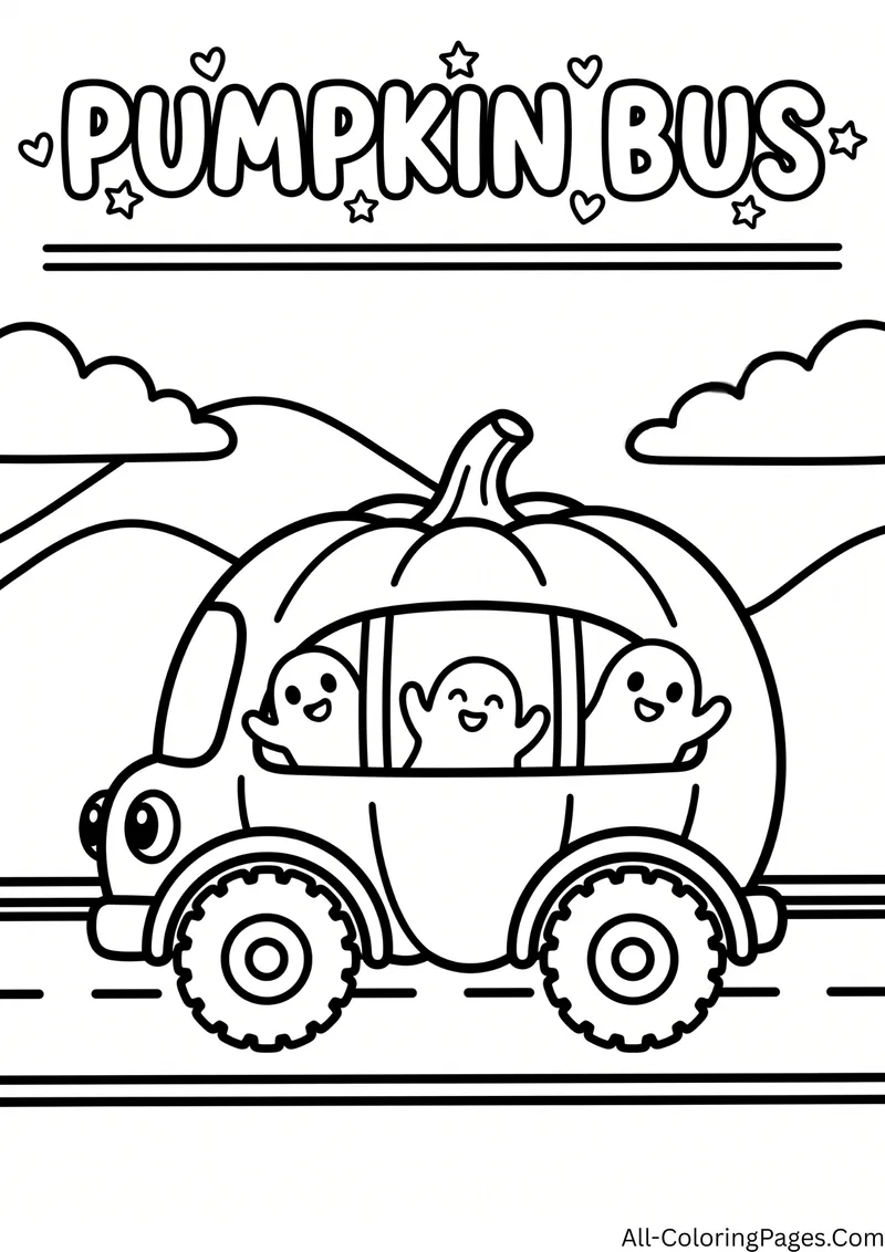 Pumpkin shaped bus with three small ghosts looking out of the windows, driving on a road