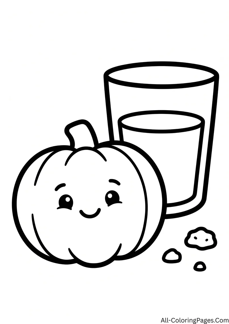 Smiling pumpkin next to a tall glass of milk with cookie crumbs on the table