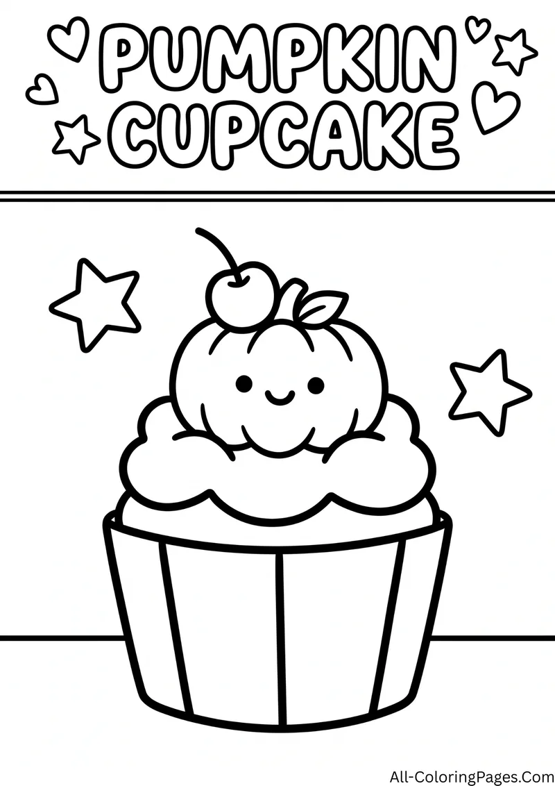Cupcake topped with swirled frosting and a cherry shaped like a smiling pumpkin, with stars