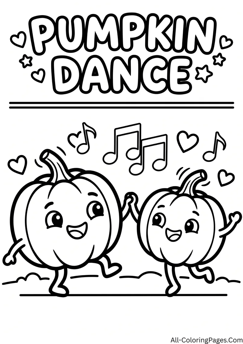 Two pumpkins dancing and holding hands with music notes and hearts above