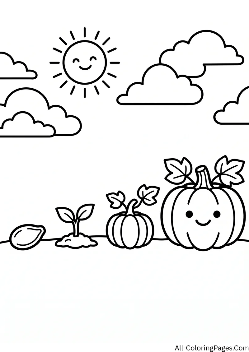 Pumpkin life cycle showing a seed, a sprout, a baby pumpkin and a full pumpkin under a sun and clouds