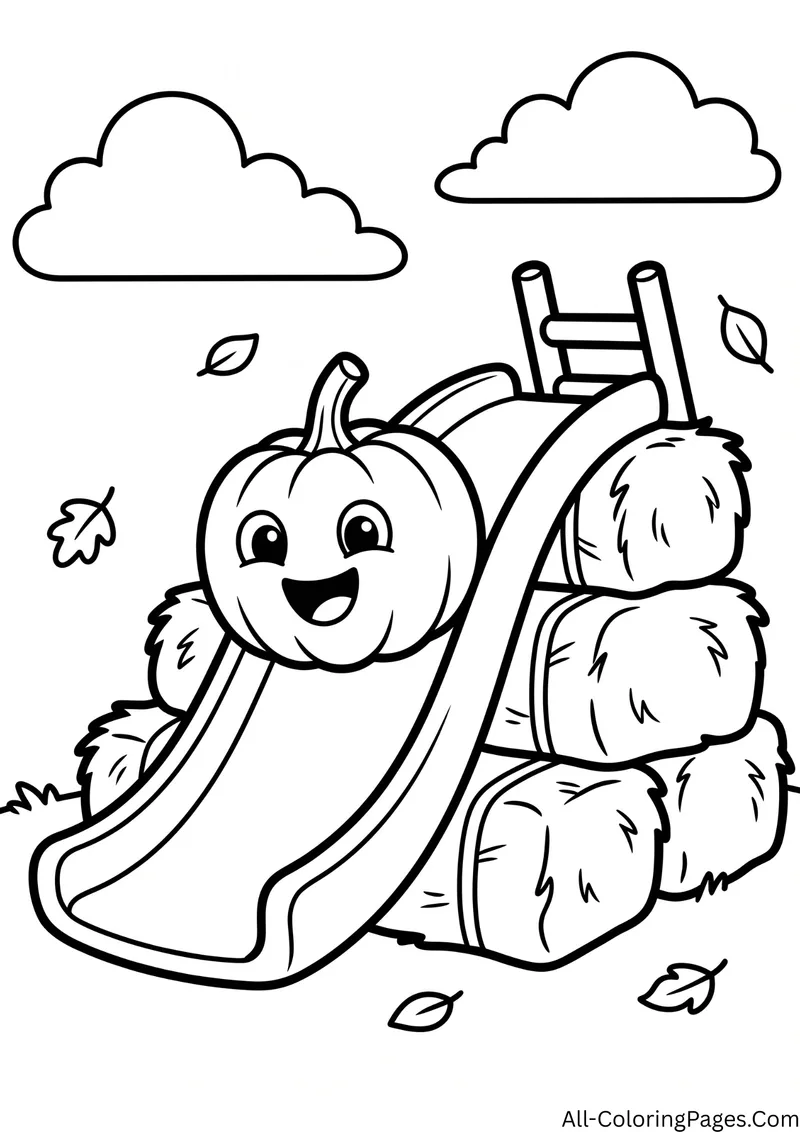 Smiling pumpkin sliding down a slide next to stacked hay bales, with leaves and clouds