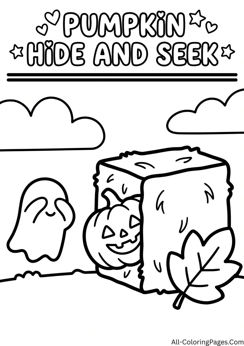 Pumpkin hiding behind a hay bale while a ghost covers its eyes, with a big leaf nearby