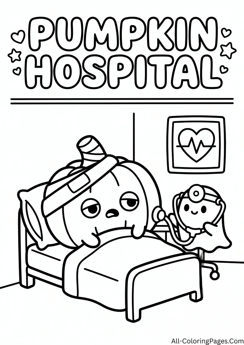 Bandaged pumpkin in a hospital bed with a doctor wearing a stethoscope and a heart monitor on the wall