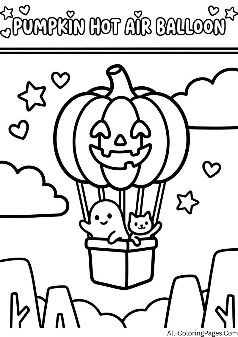 Jack o lantern hot air balloon carrying a small ghost and a kitten, with hearts, stars and clouds