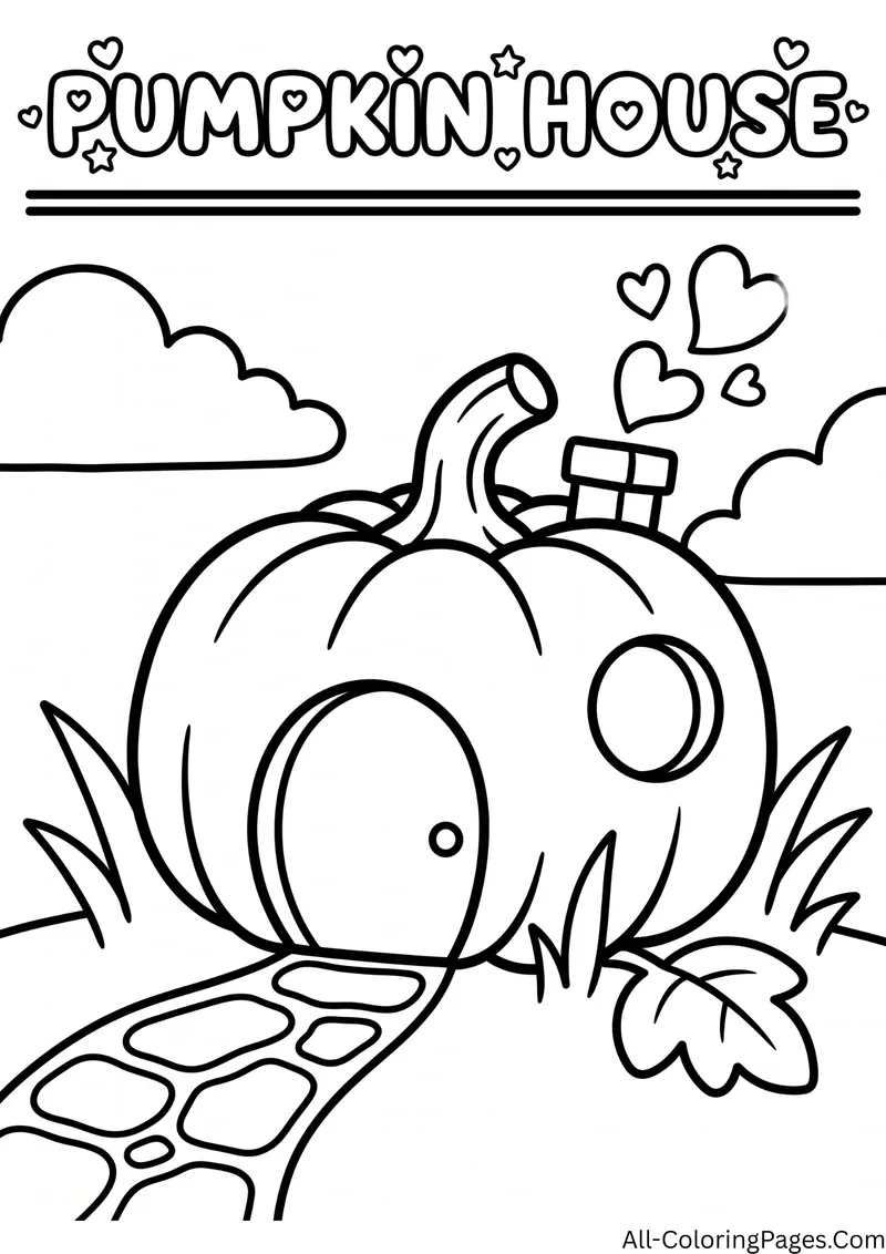 Pumpkin shaped cottage with a round door, a chimney and a stone path, with hearts and clouds