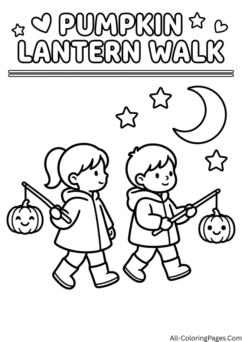 Two children walking at night with small pumpkin lanterns on sticks, under a crescent moon and stars