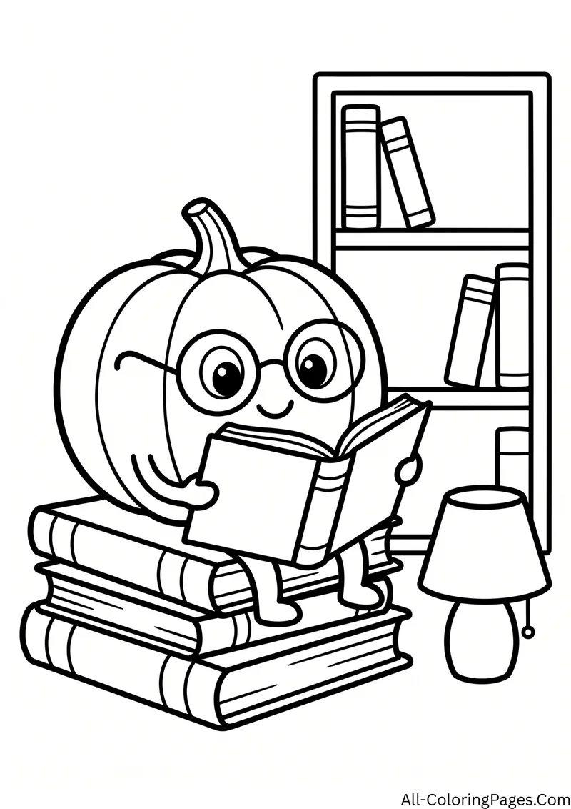 Pumpkin wearing glasses reading a book on a stack of books, with a bookshelf and a lamp