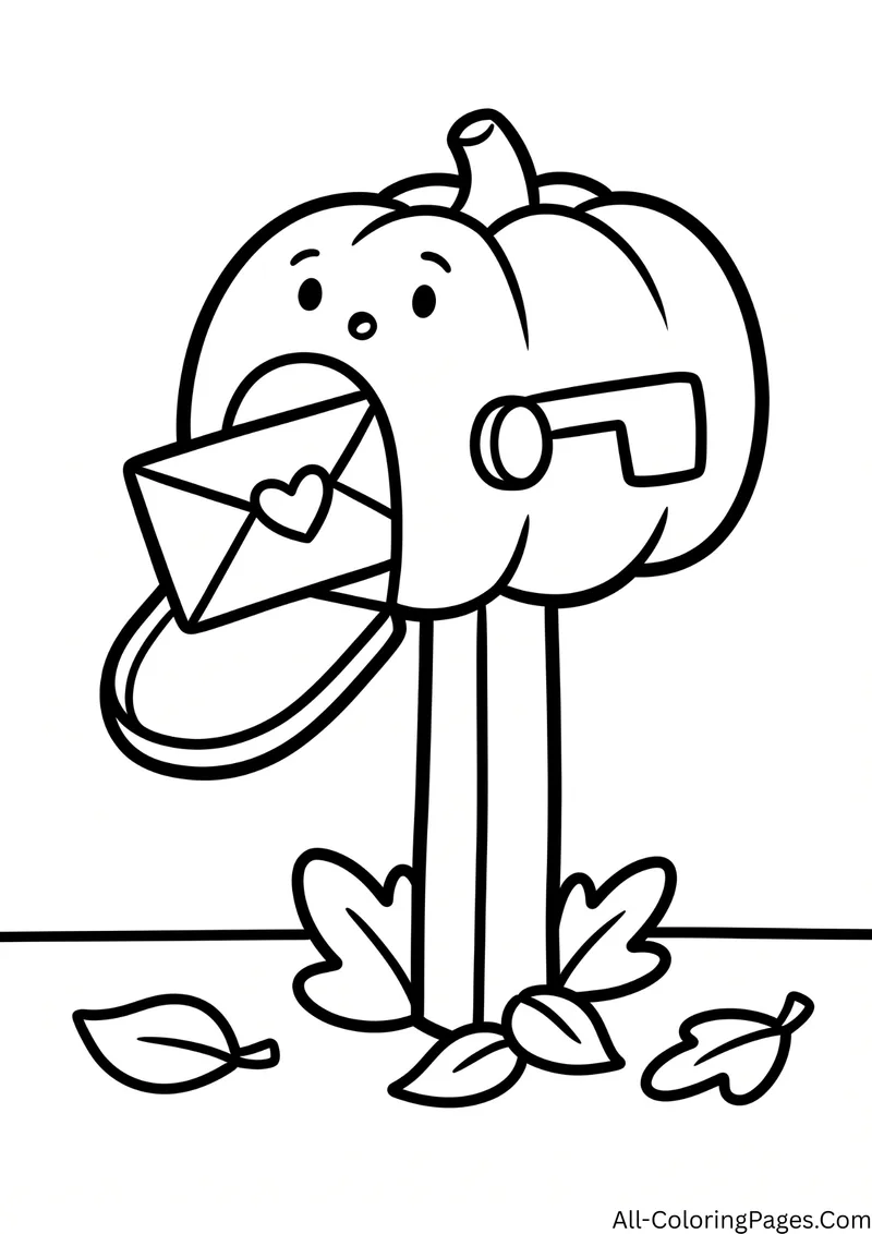 Pumpkin shaped mailbox with a heart sealed letter sticking out, with fallen leaves on the ground