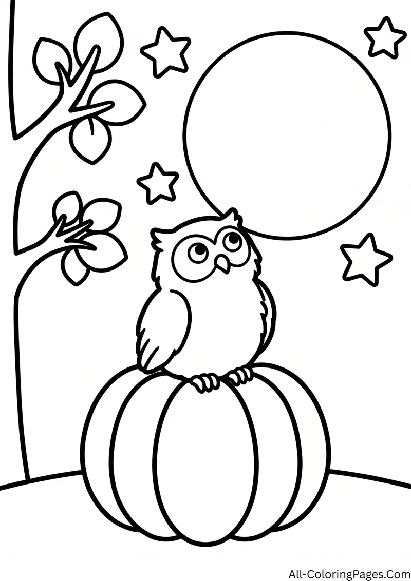 Owl sitting on top of a pumpkin under a full moon, with tree branches, leaves and stars