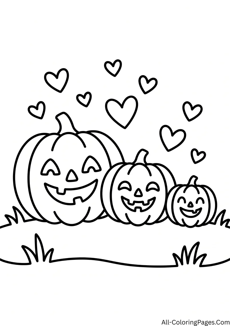 Three carved jack o lanterns in different sizes sitting in grass with hearts floating above