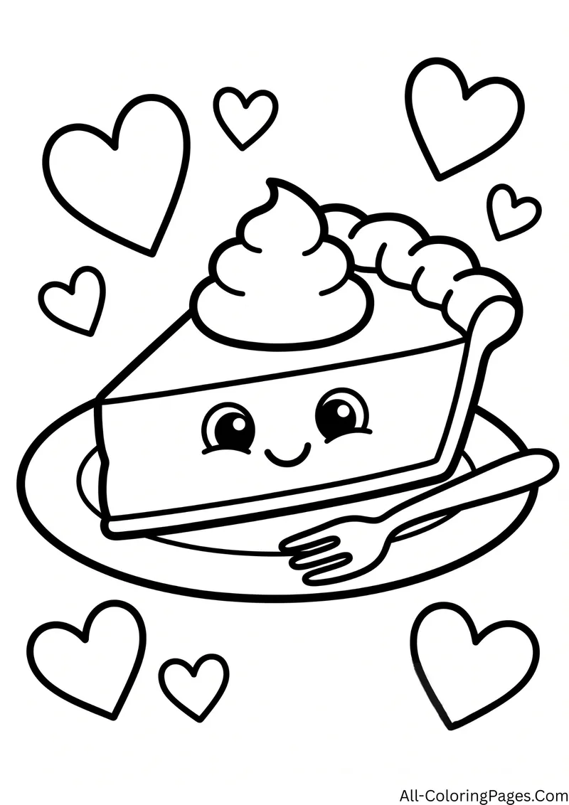Smiling slice of pumpkin pie with whipped cream on a plate with a fork, surrounded by hearts
