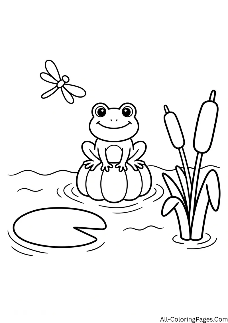 Frog sitting on a pumpkin in a pond with a dragonfly, cattails and a lily pad
