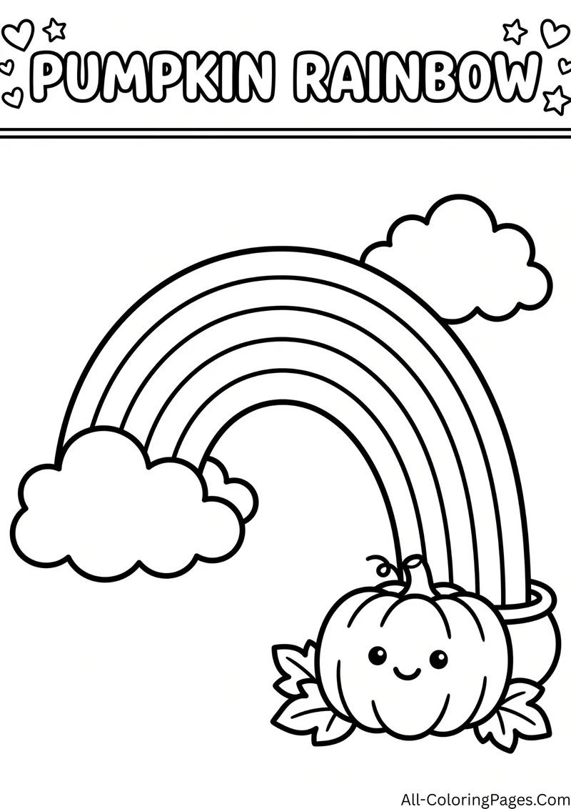Smiling pumpkin sitting under a big rainbow with clouds and leaves