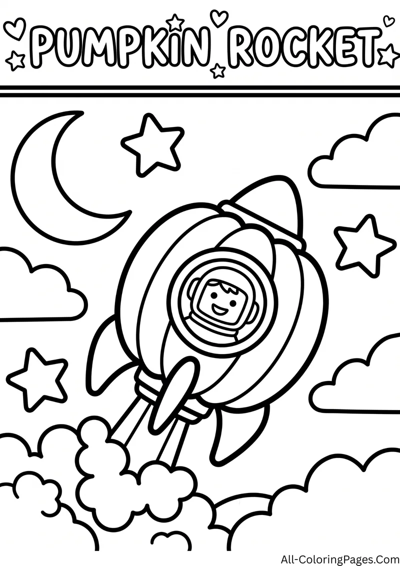 Pumpkin shaped rocket with an astronaut in the window launching through clouds, with a crescent moon and stars