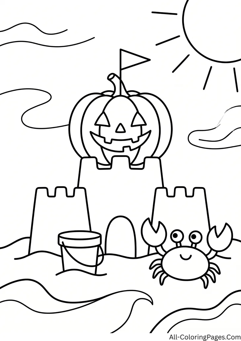 Jack o lantern face on a sandcastle with a flag, a bucket and a crab on the beach under a sun