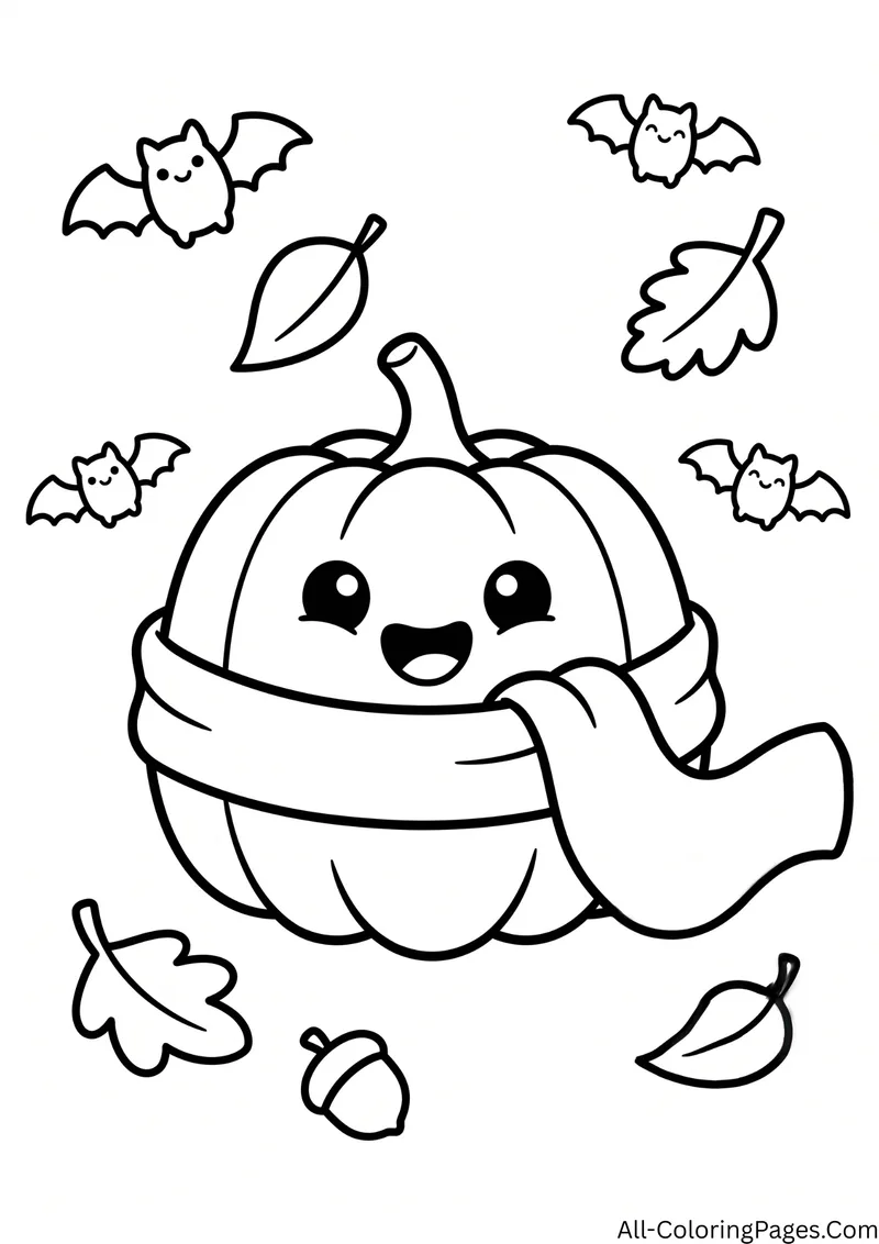 Smiling pumpkin wearing a long scarf with bats, autumn leaves and an acorn around it