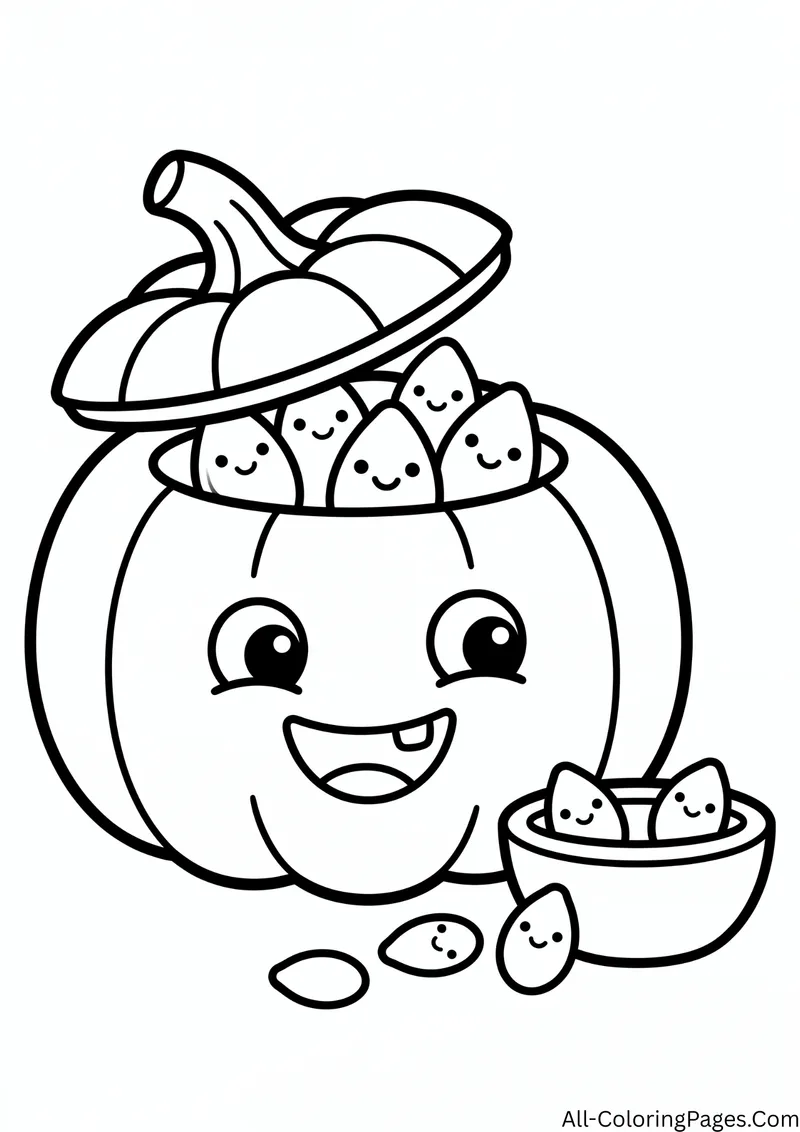 Smiling pumpkin with its lid lifted showing seeds inside, with a bowl of seeds and scattered seeds on the ground