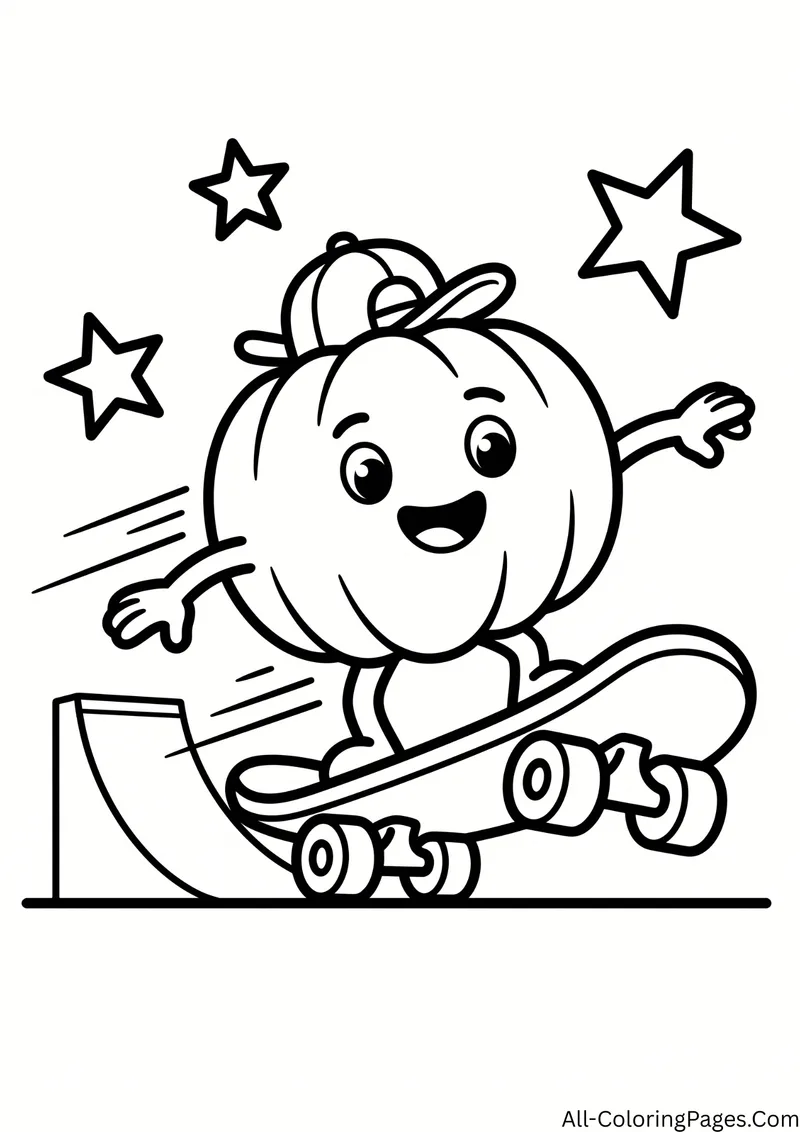 Pumpkin wearing a cap riding a skateboard on a ramp, with stars around
