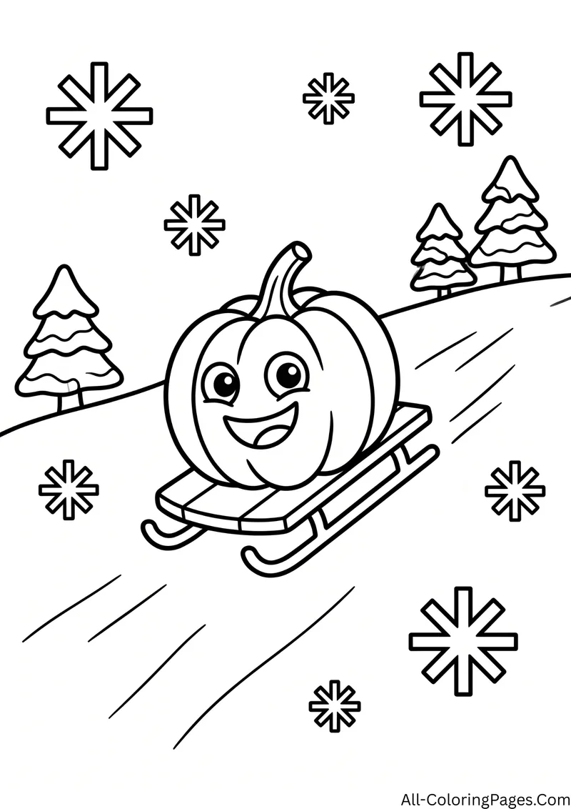 Pumpkin riding a sled down a snowy hill, with snowflakes and pine trees