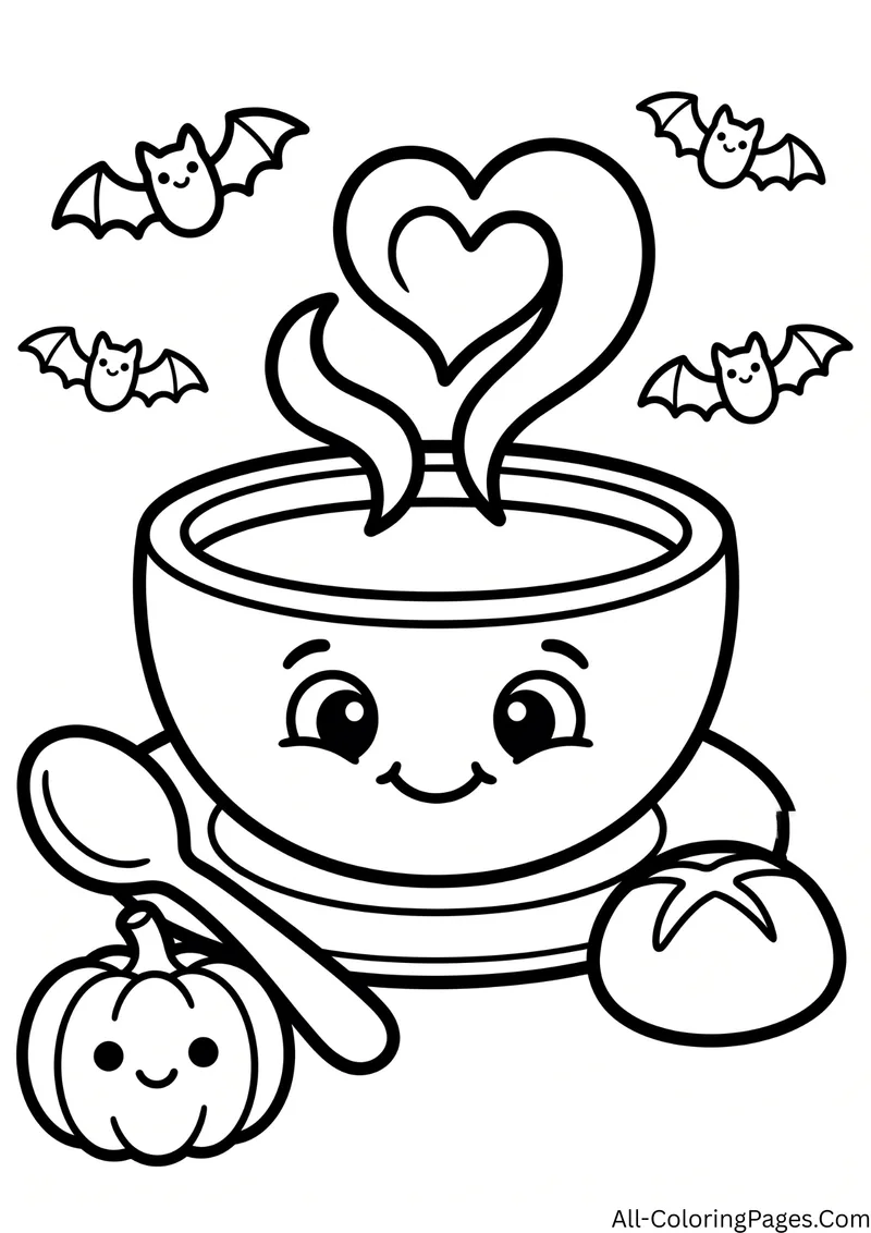 Smiling soup bowl with steam shaped like a heart, a spoon, a bread roll, a tiny pumpkin and bats