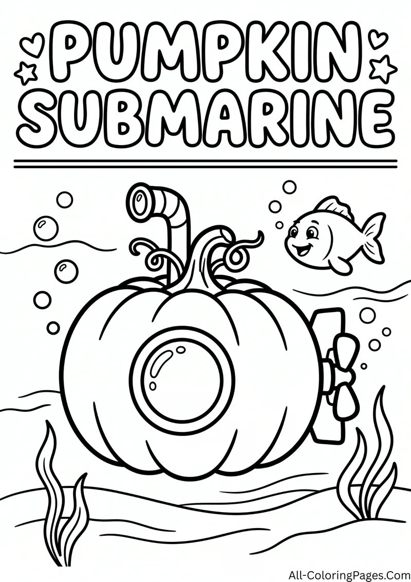 Pumpkin shaped submarine underwater with a round window, a fish, bubbles and seaweed