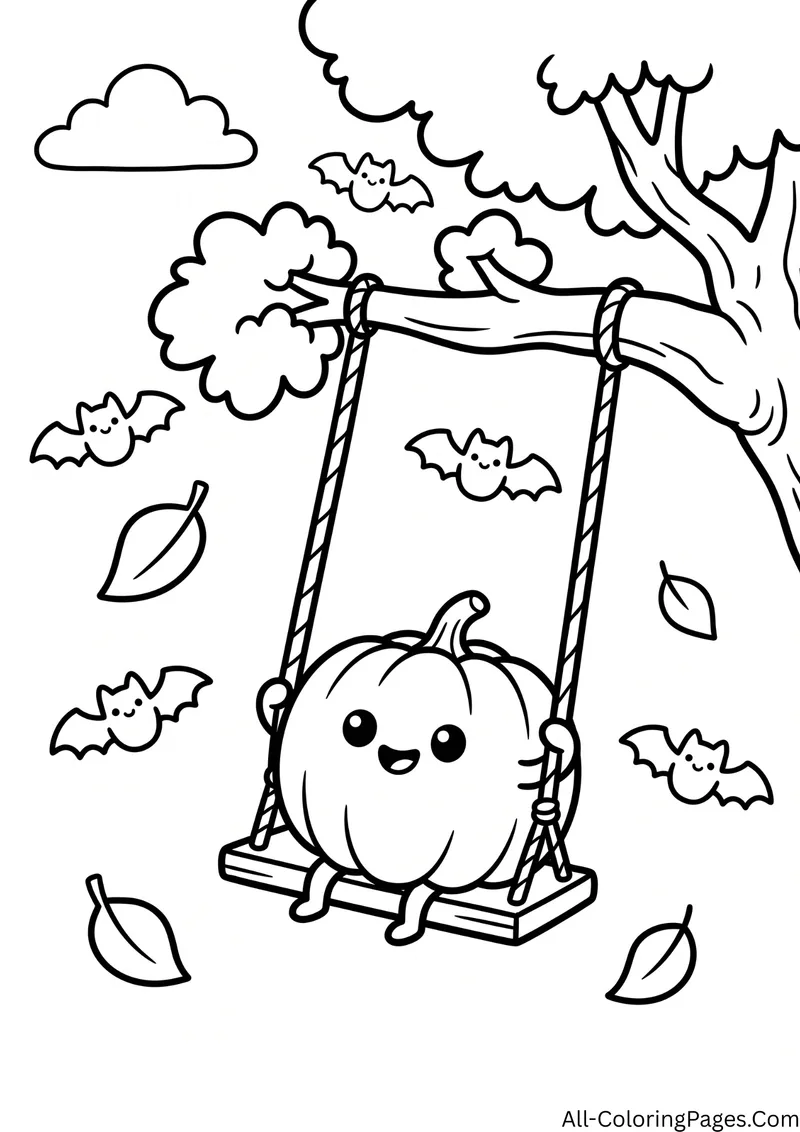 Smiling pumpkin on a rope swing hanging from a tree, with bats and falling leaves
