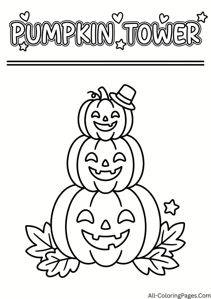 Three stacked jack o lanterns with the top one wearing a small hat, surrounded by leaves