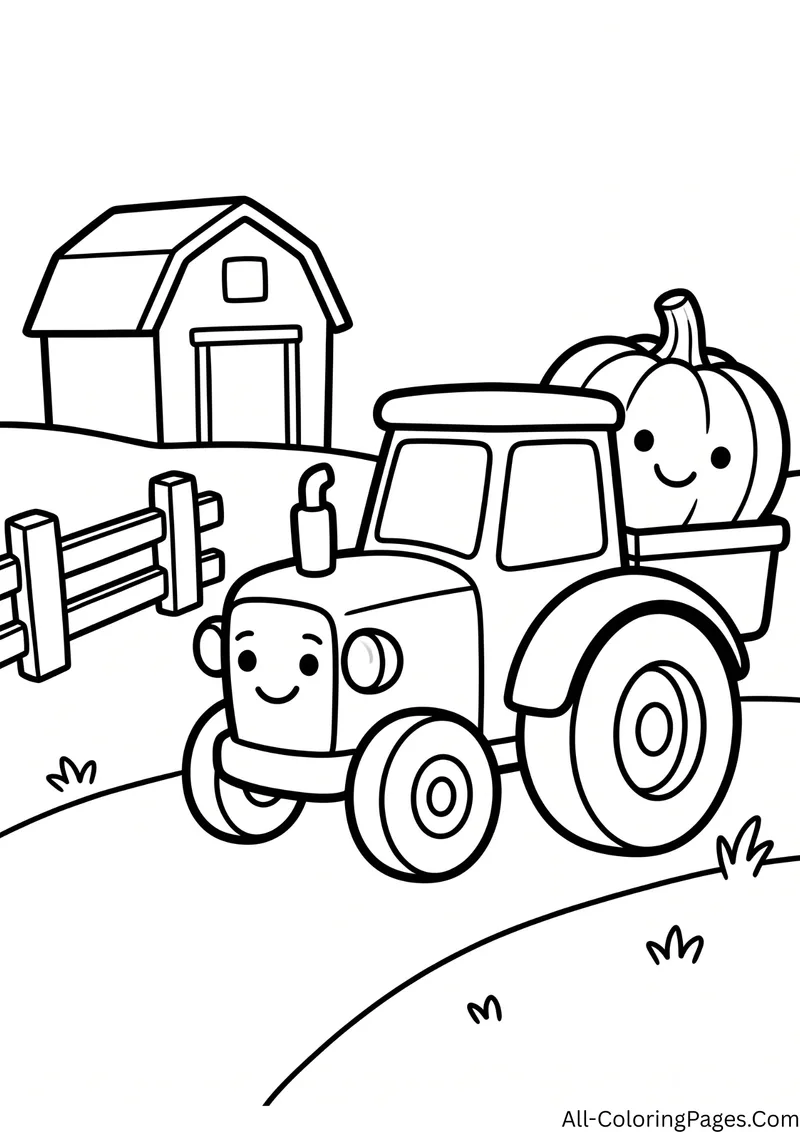 Tractor carrying a pumpkin in the back, with a barn, a fence and rolling hills