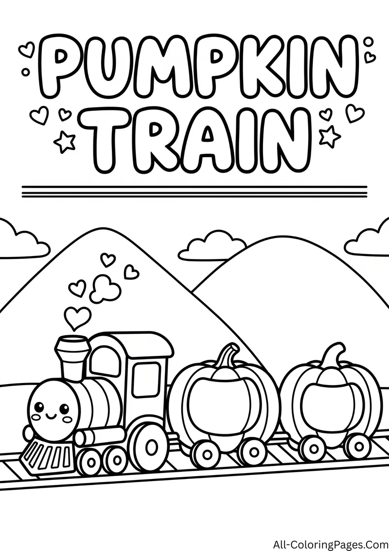 Smiling steam train pulling two pumpkin cars along a track with mountains and hearts