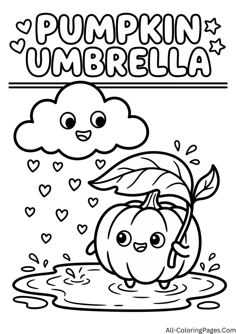 Pumpkin holding a big leaf as an umbrella under a smiling rain cloud, standing in a puddle