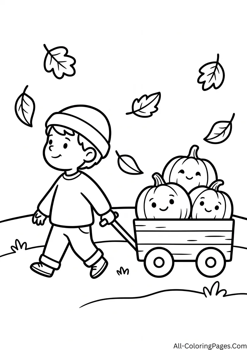 Boy in a hat pulling a wagon with three small pumpkins, with falling leaves