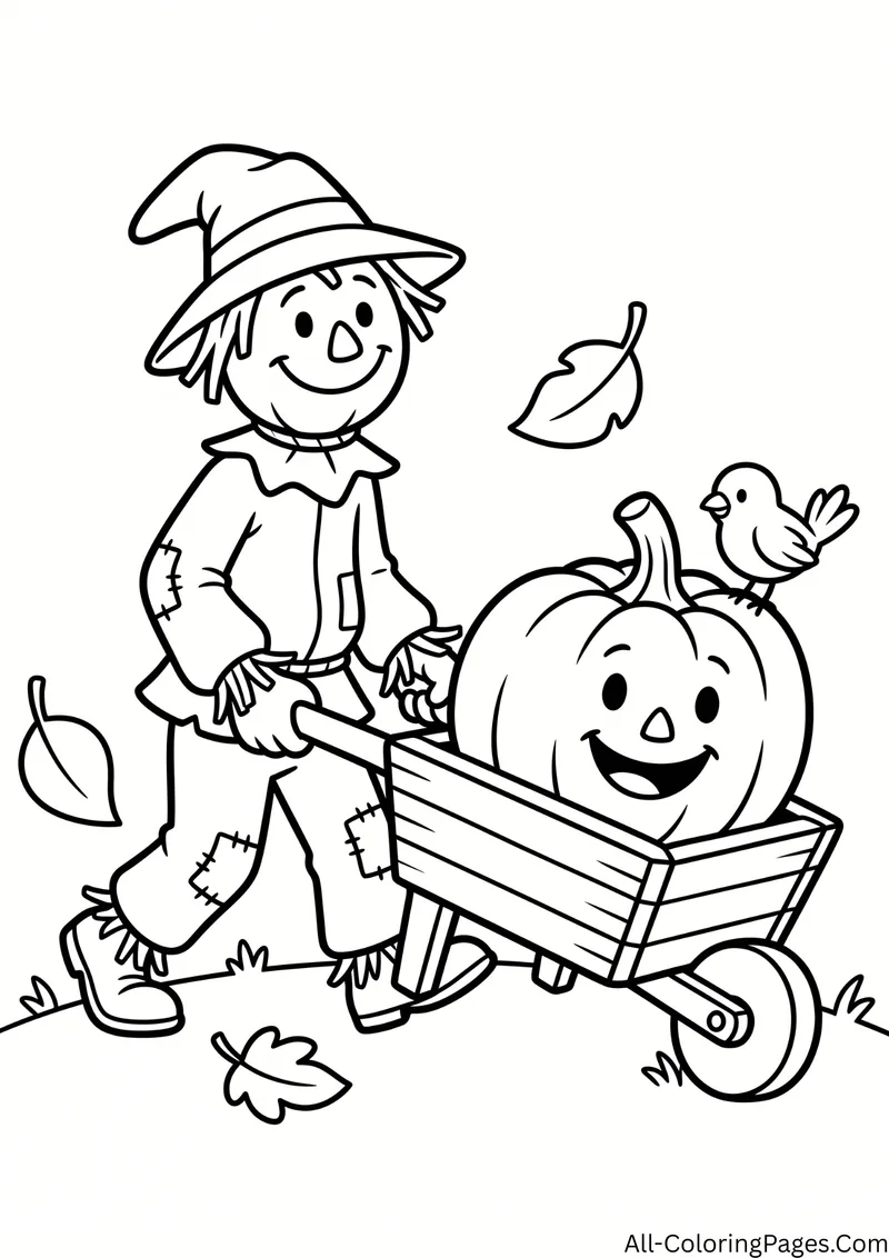Scarecrow pushing a wheelbarrow with a smiling pumpkin and a bird, with leaves around