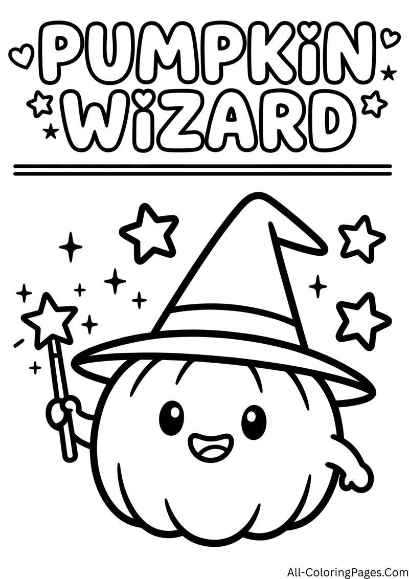 Pumpkin wearing a wizard hat and holding a star wand, with stars and sparkles