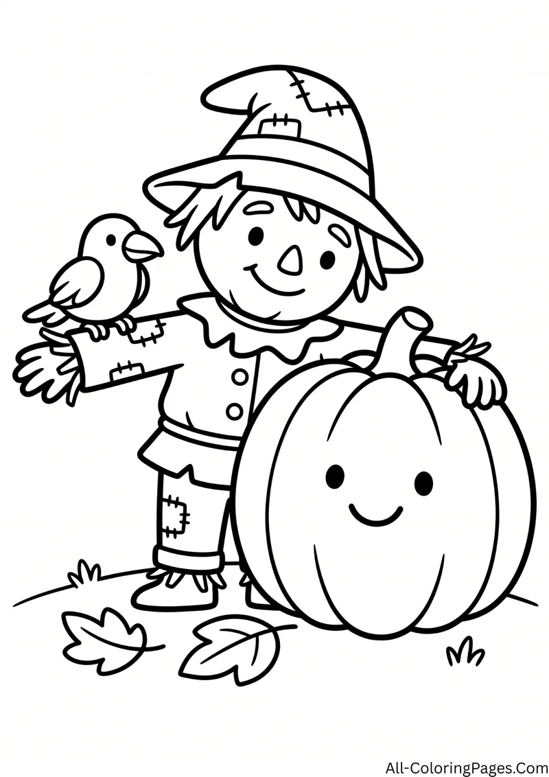 Scarecrow with a crow on his arm standing next to a smiling pumpkin, with leaves