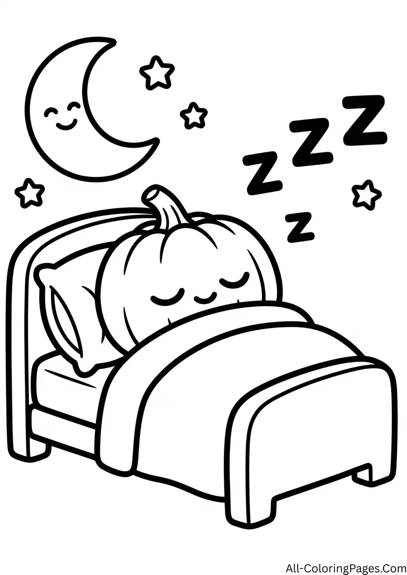 Pumpkin sleeping in a bed with a pillow, with a smiling crescent moon, stars and the letters Z