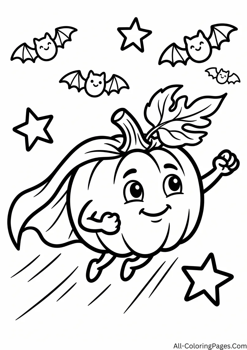 Pumpkin superhero with a cape flying through the sky with bats and stars
