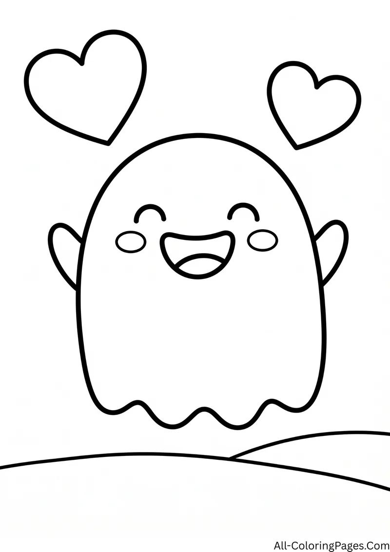 Smiling ghost with rosy cheeks raising both arms, with two hearts above and hills below