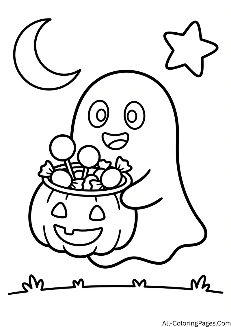 Ghost holding a jack o lantern candy bucket full of lollipops and wrapped sweets, with a crescent moon and a star