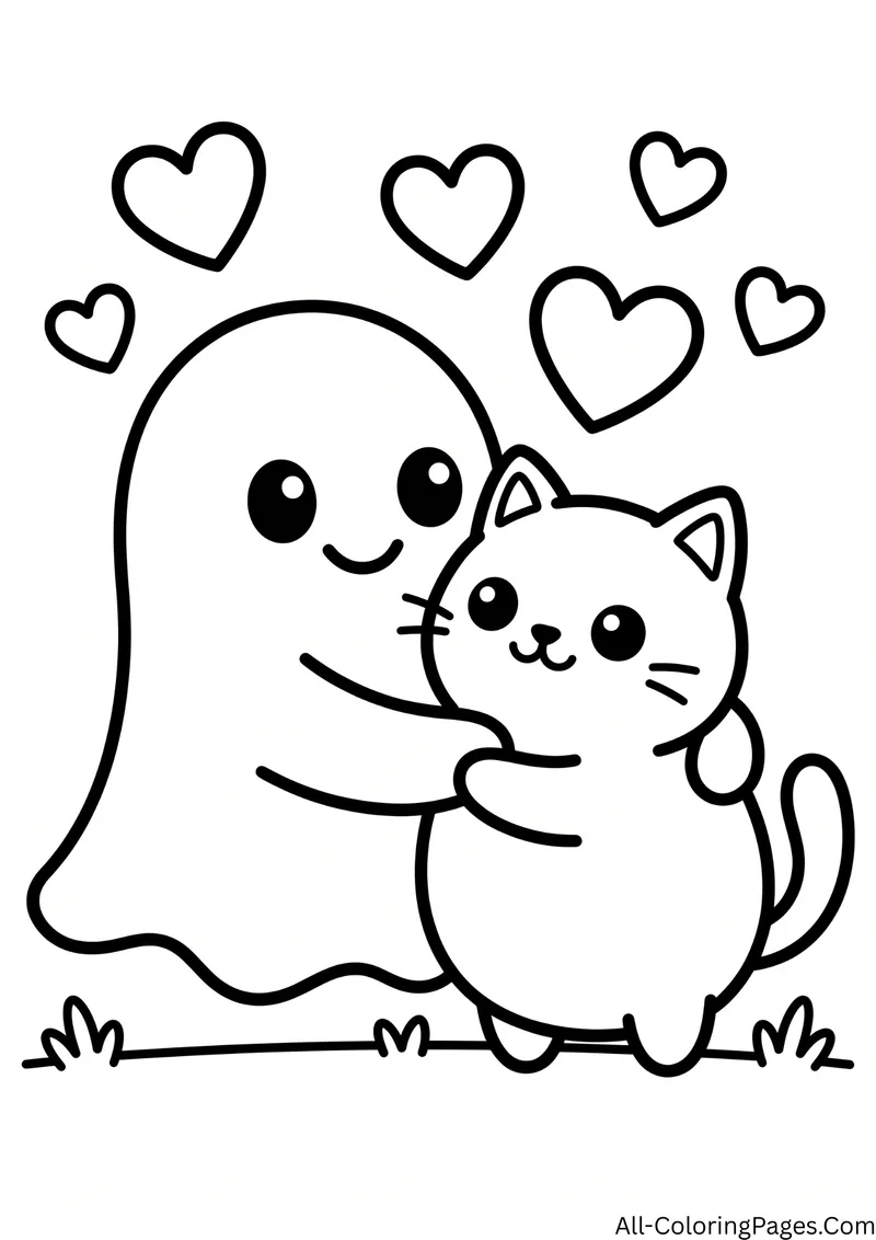 Ghost hugging a smiling cat on the grass with hearts floating above them