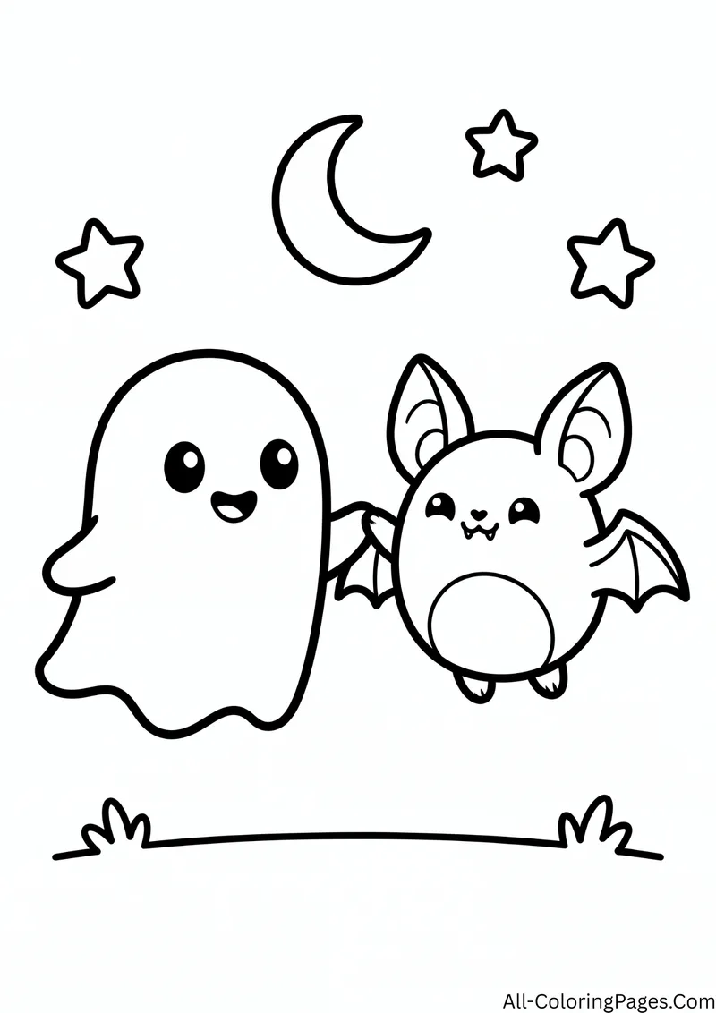 Smiling ghost standing next to a cute round bat with a crescent moon and stars above