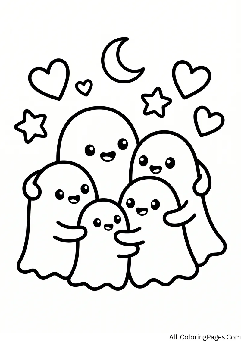 Five smiling ghosts hugging each other with hearts, stars and a crescent moon above