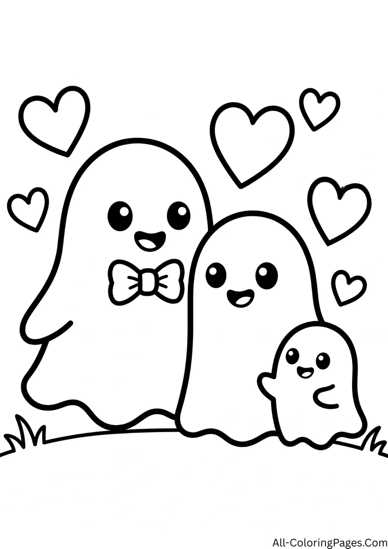 Three ghosts of different sizes standing together on the grass, the tallest wearing a bow tie, with hearts around them